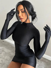Long Sleeve Gloves Bodycon  Streetwear Party Half Turtleneck Mini Dress Mssaz Desses