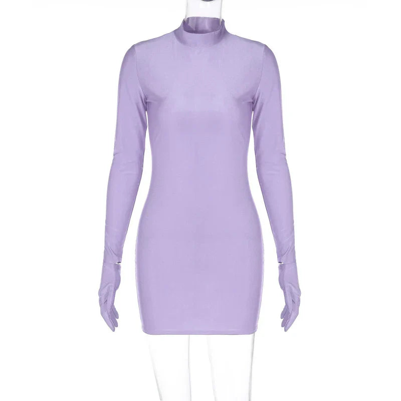 Long Sleeve Gloves Bodycon  Streetwear Party Half Turtleneck Mini Dress Mssaz Desses