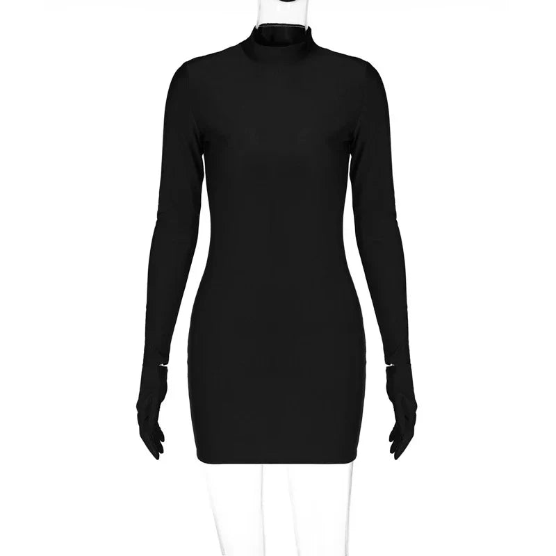 Long Sleeve Gloves Bodycon  Streetwear Party Half Turtleneck Mini Dress Mssaz Desses