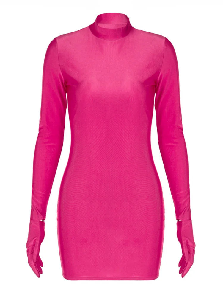 Long Sleeve Gloves Bodycon  Streetwear Party Half Turtleneck Mini Dress Mssaz Desses