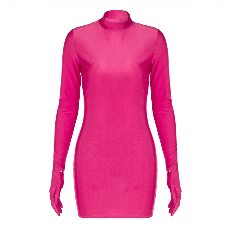 Long Sleeve Gloves Bodycon  Streetwear Party Half Turtleneck Mini Dress Mssaz Desses