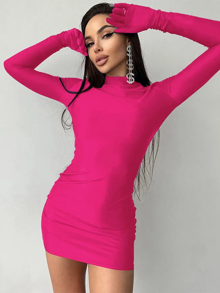 Long Sleeve Gloves Bodycon  Streetwear Party Half Turtleneck Mini Dress Mssaz Desses