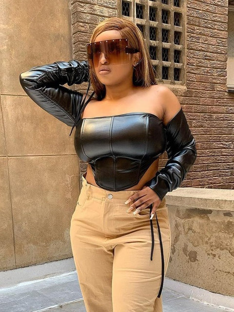 Solid Off Shoulder Pu Leather Corset T-Shirt Mssza