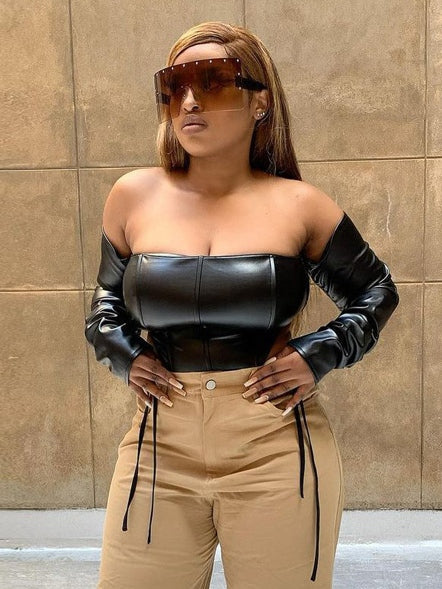 Solid Off Shoulder Pu Leather Corset T-Shirt Mssza