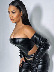 Solid Off Shoulder Pu Leather Corset T-Shirt Mssza
