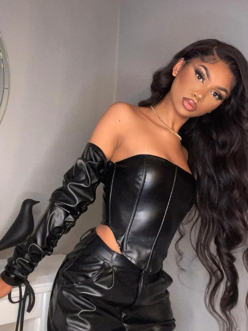 Solid Off Shoulder Pu Leather Corset T-Shirt Mssza