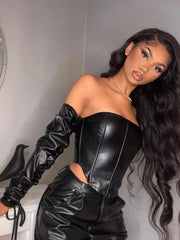 Solid Off Shoulder Pu Leather Corset T-Shirt Mssza
