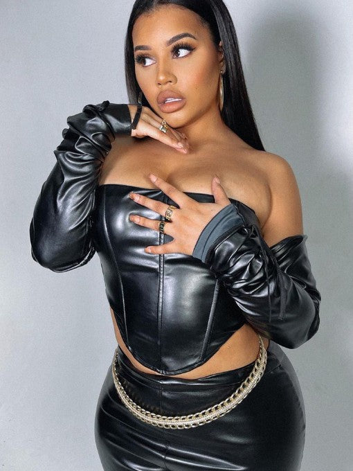 Solid Off Shoulder Pu Leather Corset T-Shirt Mssza