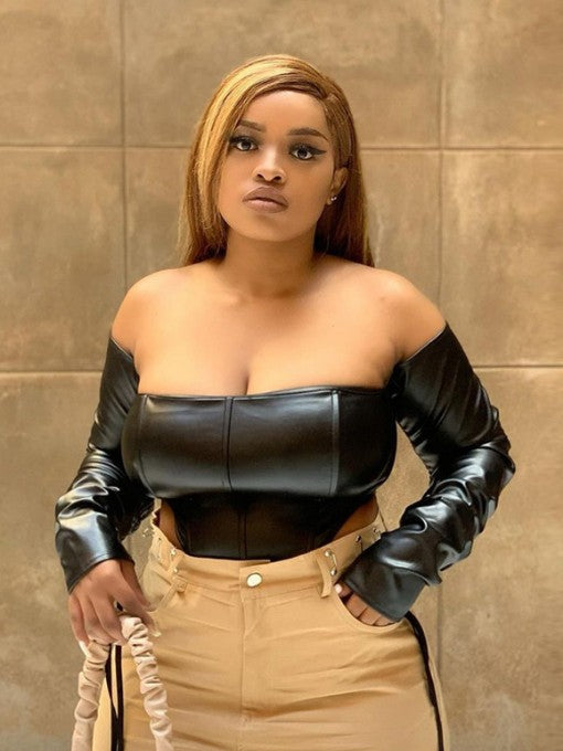 Solid Off Shoulder Pu Leather Corset T-Shirt Mssza