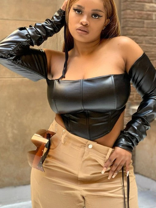 Solid Off Shoulder Pu Leather Corset T-Shirt Mssza