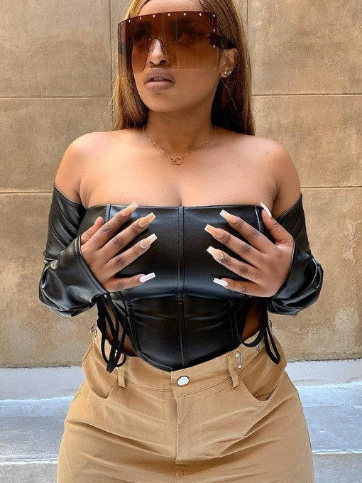 Solid Off Shoulder Pu Leather Corset T-Shirt Mssza