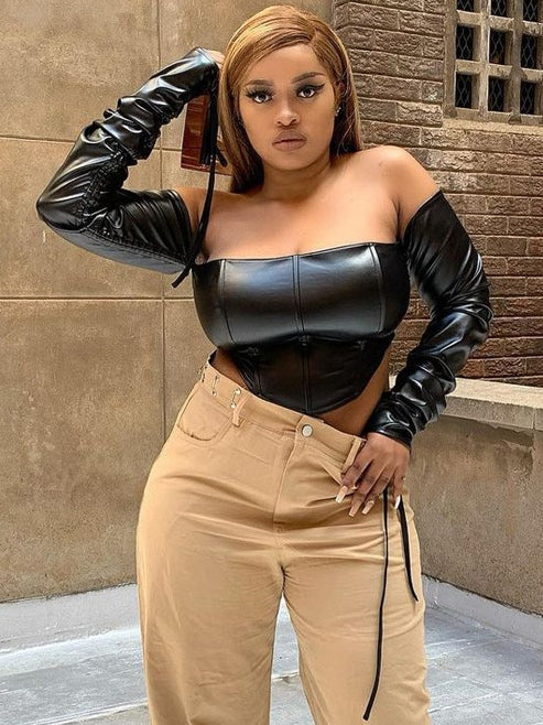 Solid Off Shoulder Pu Leather Corset T-Shirt Mssza