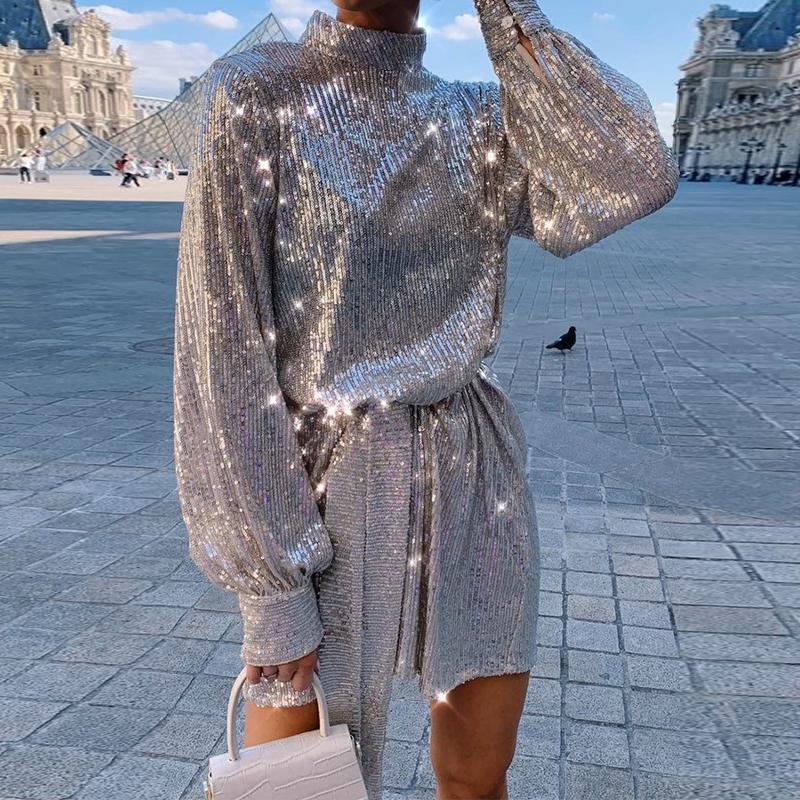 Solid Ong Sleeve Sequined Dress High Neck Casual Loose High Waist Sequins Dress Streetwear Party Dresses Mssaz Desses