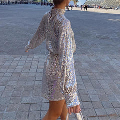 Solid Ong Sleeve Sequined Dress High Neck Casual Loose High Waist Sequins Dress Streetwear Party Dresses Mssaz Desses