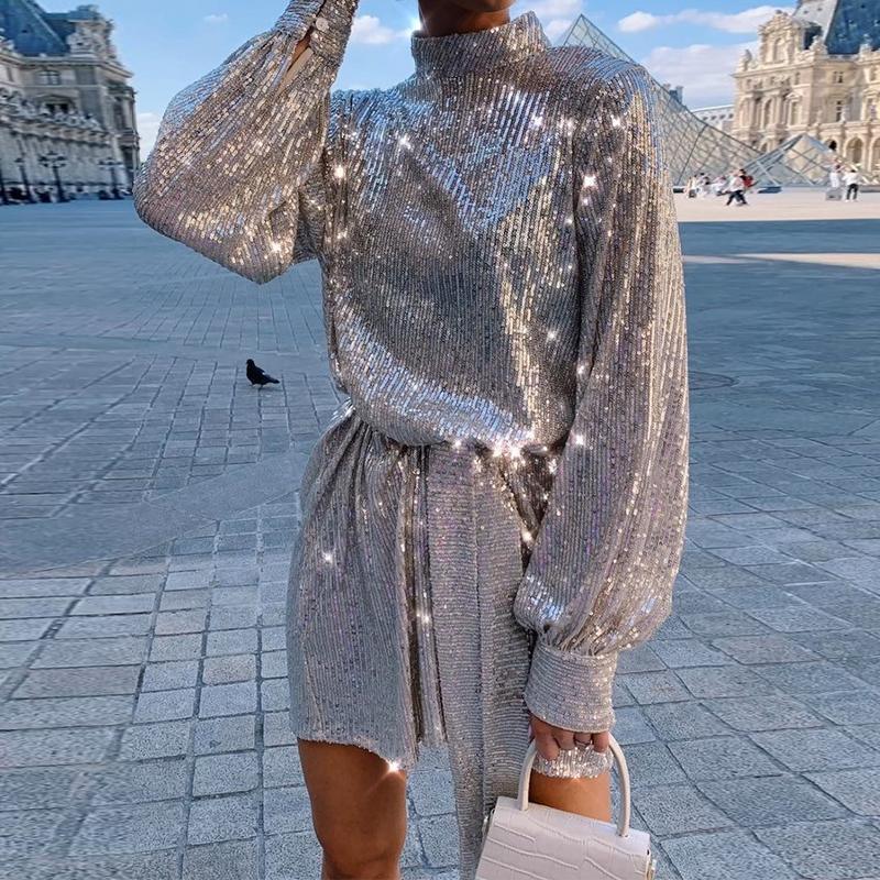 Solid Ong Sleeve Sequined Dress High Neck Casual Loose High Waist Sequins Dress Streetwear Party Dresses Mssaz Desses