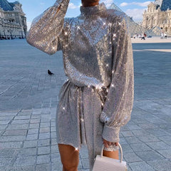 Solid Ong Sleeve Sequined Dress High Neck Casual Loose High Waist Sequins Dress Streetwear Party Dresses Mssaz Desses