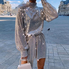 Solid Ong Sleeve Sequined Dress High Neck Casual Loose High Waist Sequins Dress Streetwear Party Dresses Mssaz Desses