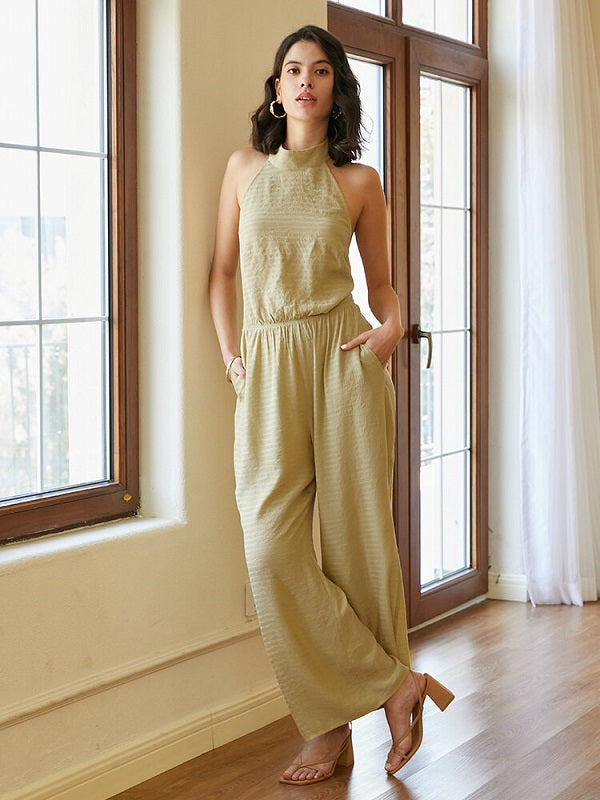 Solid Open Back Tie Stand Collar Wide Leg Jumpsuit Mssza