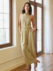 Solid Open Back Tie Stand Collar Wide Leg Jumpsuit Mssza