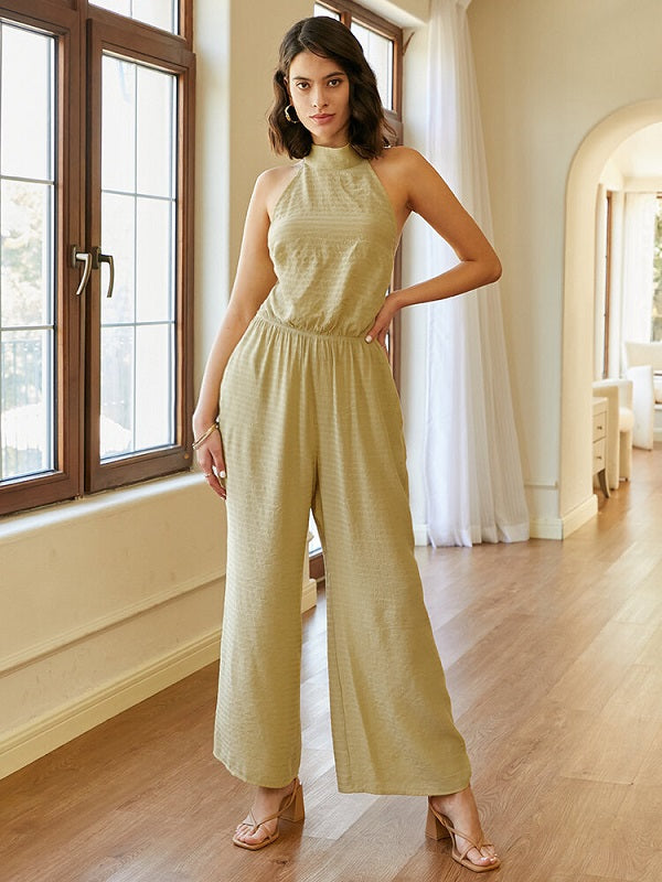 Solid Open Back Tie Stand Collar Wide Leg Jumpsuit Mssza