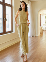 Solid Open Back Tie Stand Collar Wide Leg Jumpsuit Mssza