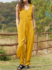 Solid Pocket Tie Drawstring Zip Front Casual Jumpsuit Mssza