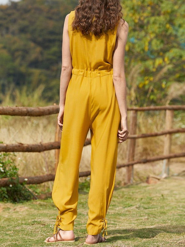 Solid Pocket Tie Drawstring Zip Front Casual Jumpsuit Mssza