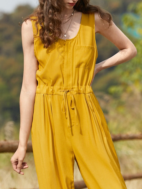 Solid Pocket Tie Drawstring Zip Front Casual Jumpsuit Mssza