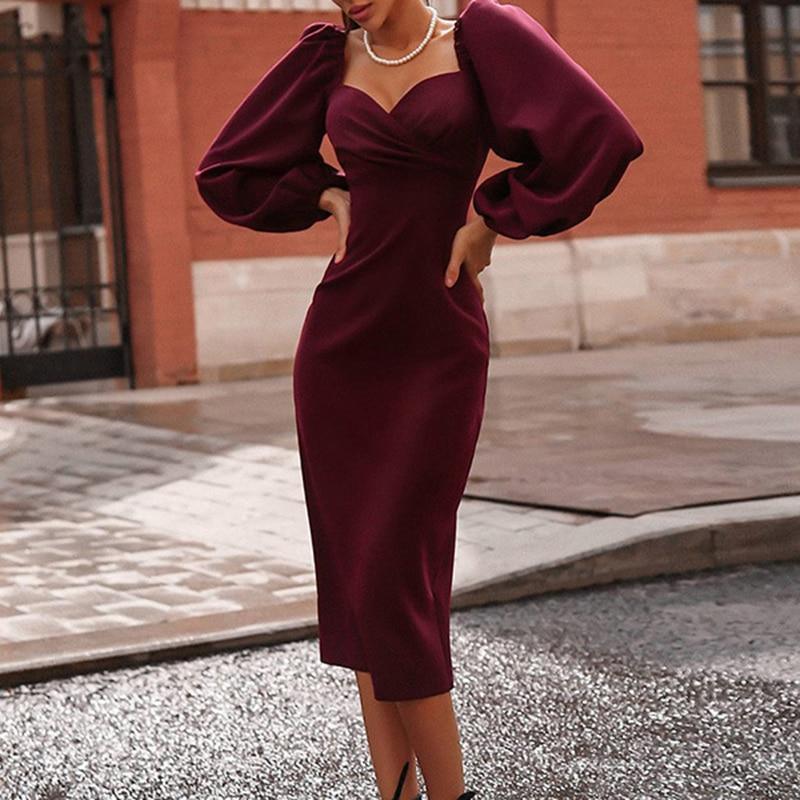 Solid Puff Sleeve Midi Dress Strapless Long Sleeve Dress Mssaz Desses