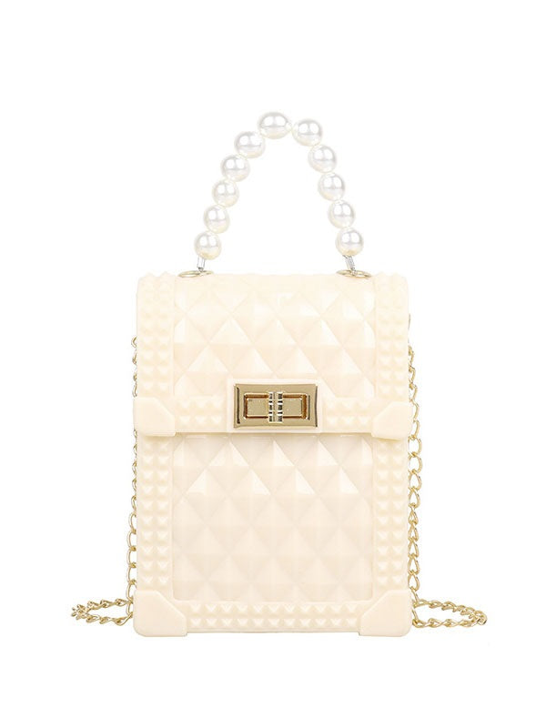 Solid Rhombus Lattice Faux Pearl Chain Shoulder Bag Mssza