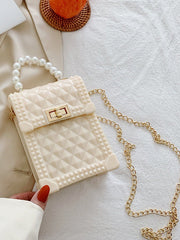 Solid Rhombus Lattice Faux Pearl Chain Shoulder Bag Mssza
