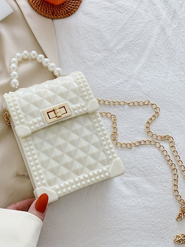 Solid Rhombus Lattice Faux Pearl Chain Shoulder Bag Mssza