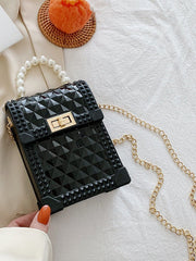 Solid Rhombus Lattice Faux Pearl Chain Shoulder Bag Mssza