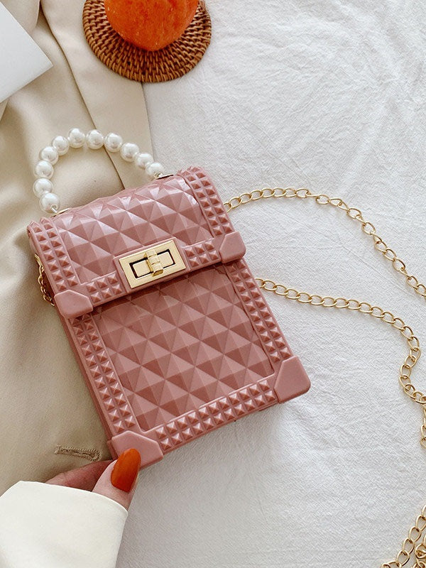 Solid Rhombus Lattice Faux Pearl Chain Shoulder Bag Mssza