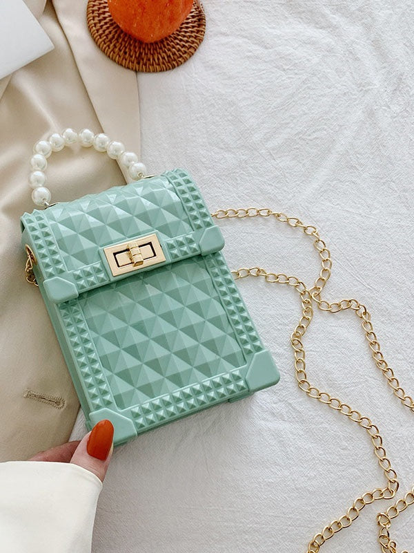 Solid Rhombus Lattice Faux Pearl Chain Shoulder Bag Mssza