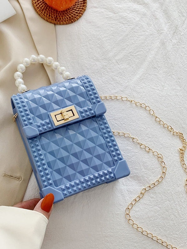 Solid Rhombus Lattice Faux Pearl Chain Shoulder Bag Mssza