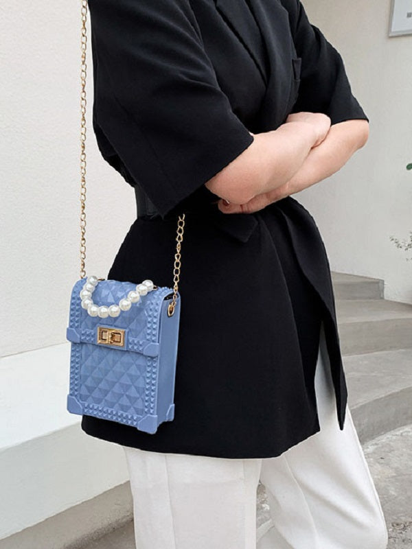 Solid Rhombus Lattice Faux Pearl Chain Shoulder Bag Mssza