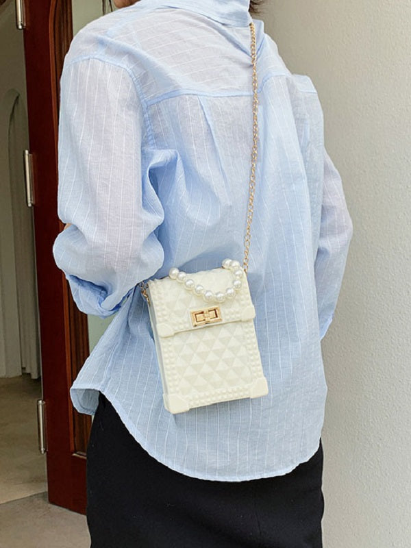 Solid Rhombus Lattice Faux Pearl Chain Shoulder Bag Mssza