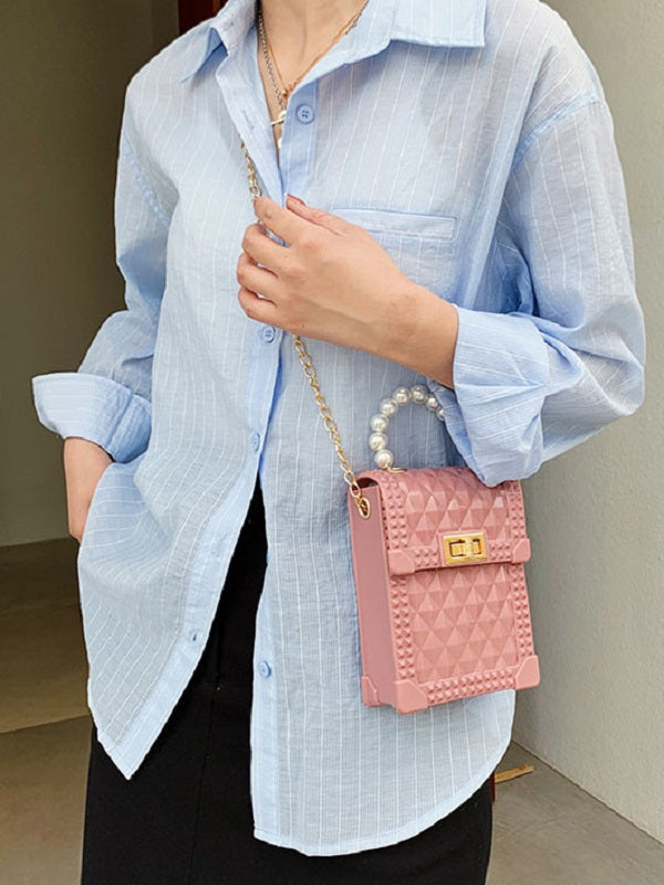Solid Rhombus Lattice Faux Pearl Chain Shoulder Bag Mssza