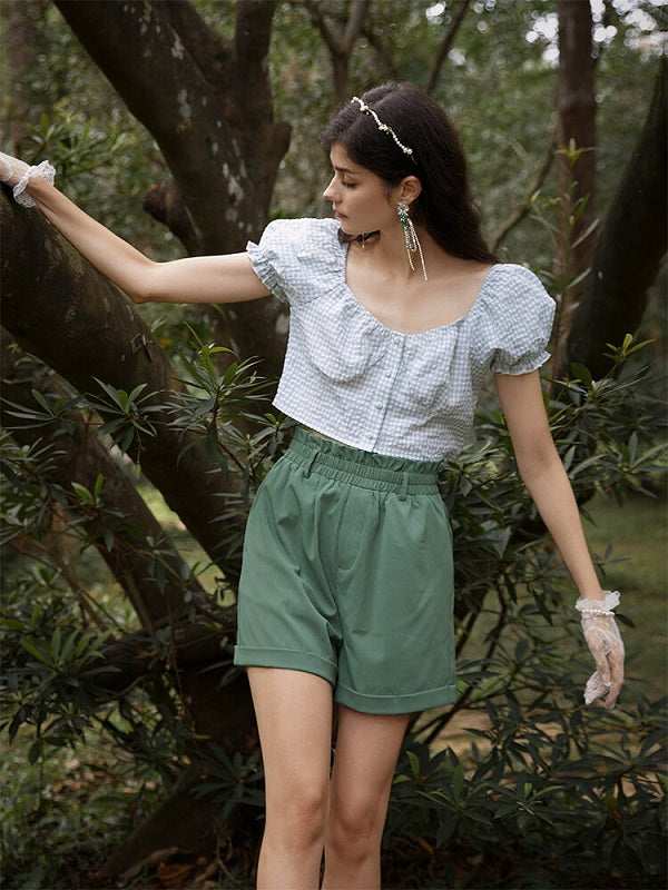 Solid Rolled Hem Elastic Waist Romantic Shorts Mssza
