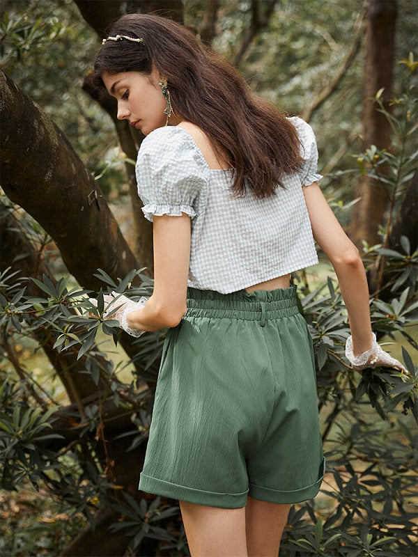Solid Rolled Hem Elastic Waist Romantic Shorts Mssza