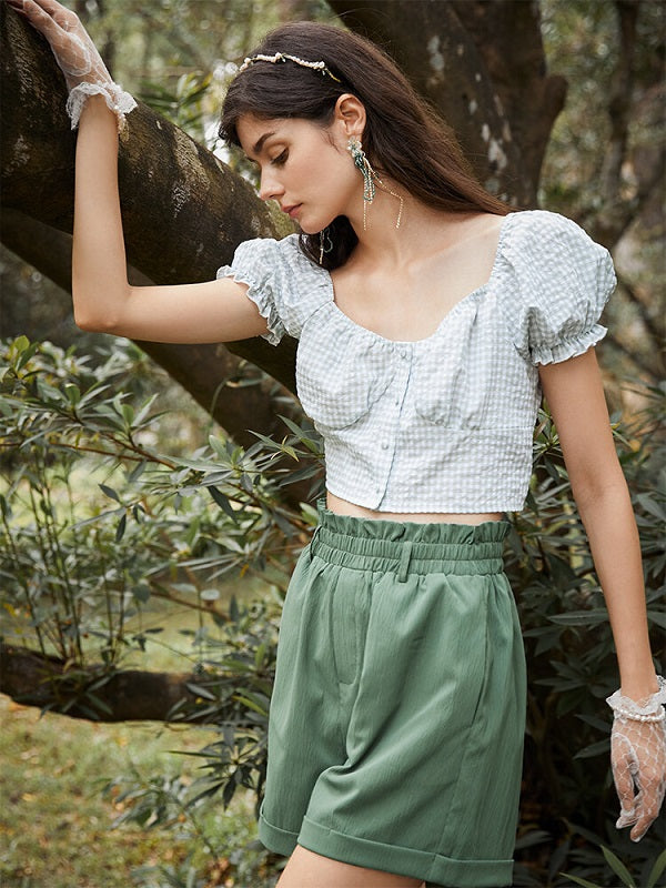 Solid Rolled Hem Elastic Waist Romantic Shorts Mssza