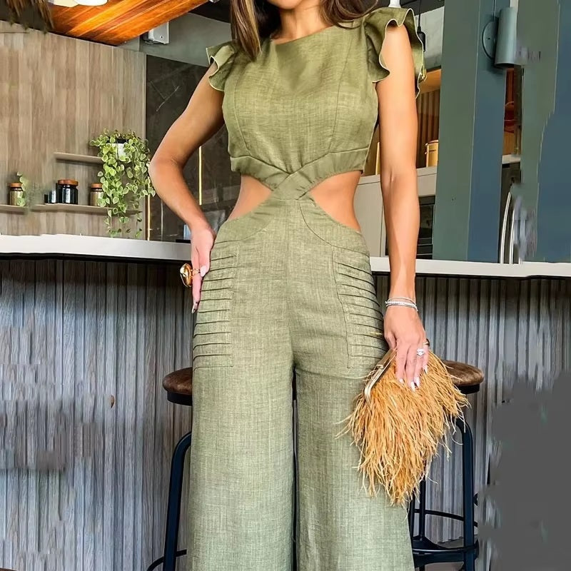 Solid Round Neck Ruffled Hollow Out Open Waist Wide Legs Loose Long Pants Jumpsuit Mssza