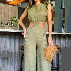Solid Round Neck Ruffled Hollow Out Open Waist Wide Legs Loose Long Pants Jumpsuit Mssza