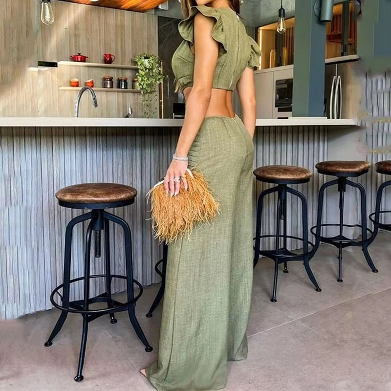 Solid Round Neck Ruffled Hollow Out Open Waist Wide Legs Loose Long Pants Jumpsuit Mssza