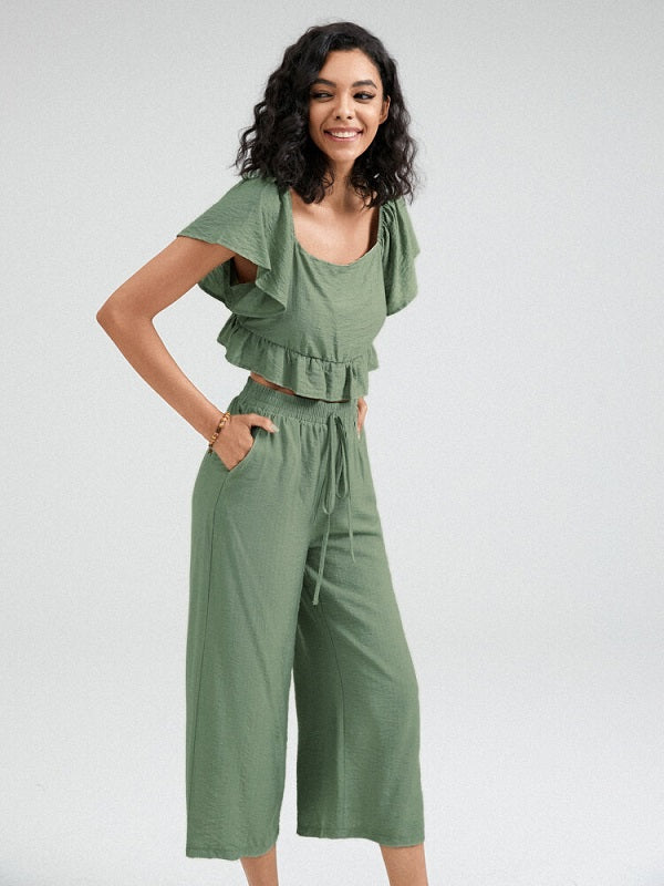 Solid Ruffle Sleeve Tie Front Wide Leg Two Pieces Suit Mssza