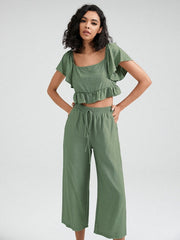 Solid Ruffle Sleeve Tie Front Wide Leg Two Pieces Suit Mssza