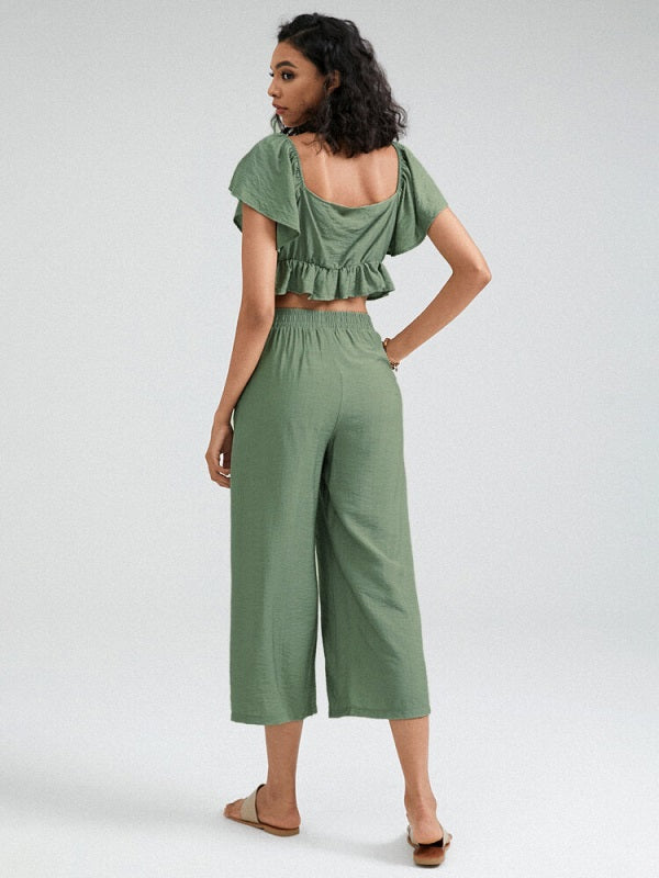 Solid Ruffle Sleeve Tie Front Wide Leg Two Pieces Suit Mssza