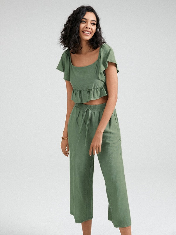 Solid Ruffle Sleeve Tie Front Wide Leg Two Pieces Suit Mssza