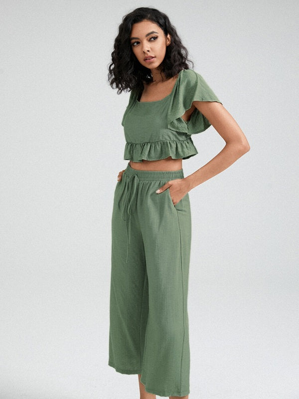 Solid Ruffle Sleeve Tie Front Wide Leg Two Pieces Suit Mssza